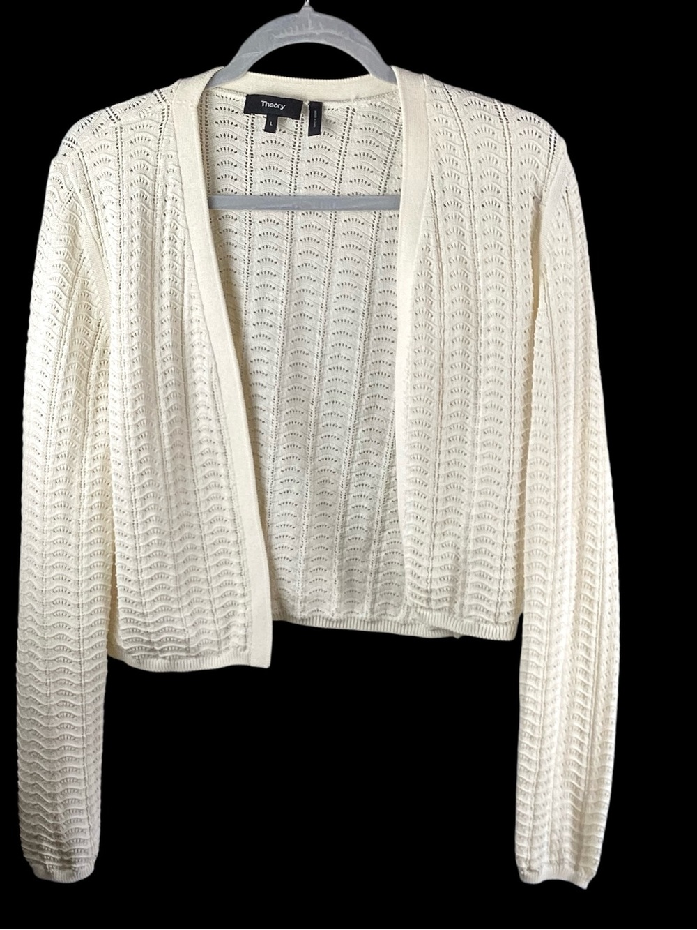 Theory Cream Open-Weave Lightweight Cardigan fan& feather pattern knit